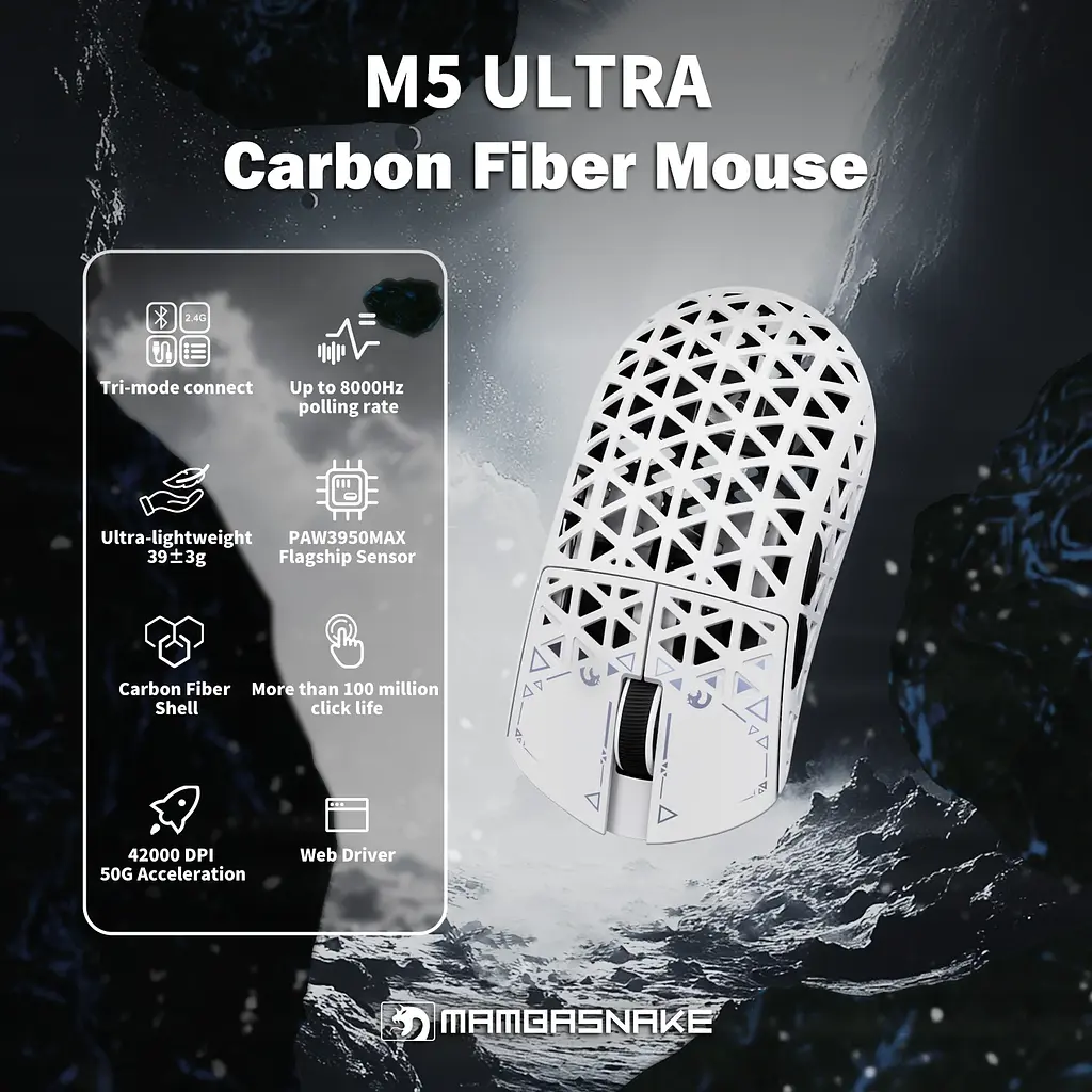 Ігрова бездротова мишка Mambasnake M5 Ultra / PAW3950 Max / 42000 DPI / White - фото 5