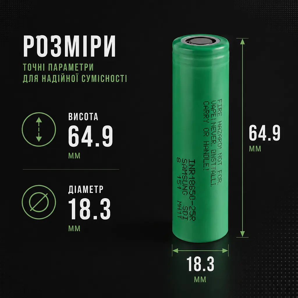 Акумулятор Samsung INR18650-25R 2500mAh 20A — високострумовий Li-ion акумулятор 18650 для повербанків, вейпів та електроніки - фото 6