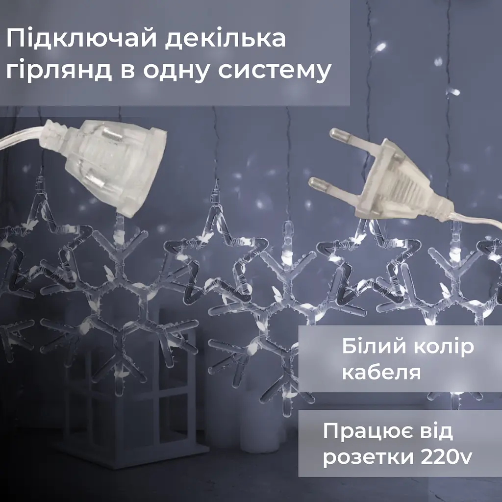 Гірлянда-штора GarlandoPro Зірки та сніжинки розмір 3x0.9 м 10 фігур, білий (1733067W) - фото 4