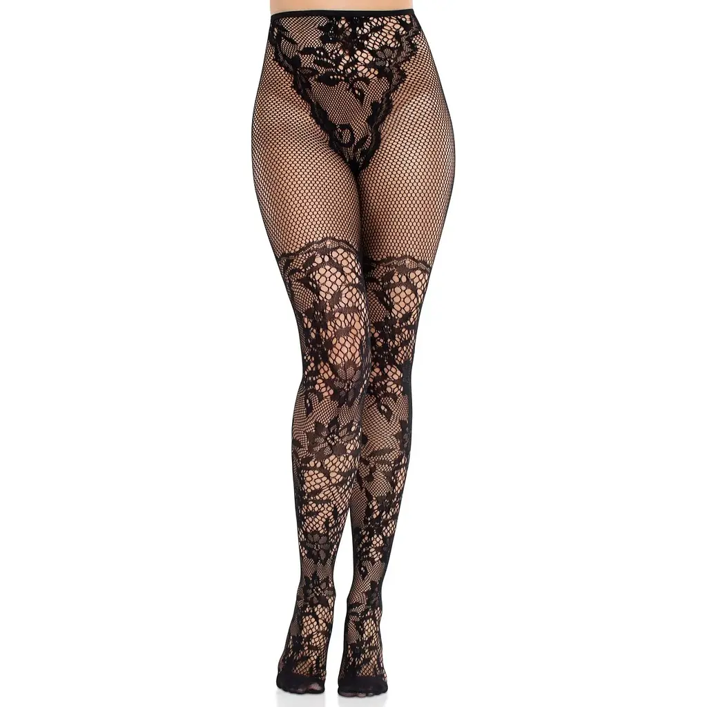 Колготки Leg Avenue Dahlia Lace Tights With Net Thigh Detail One Size - фото 4