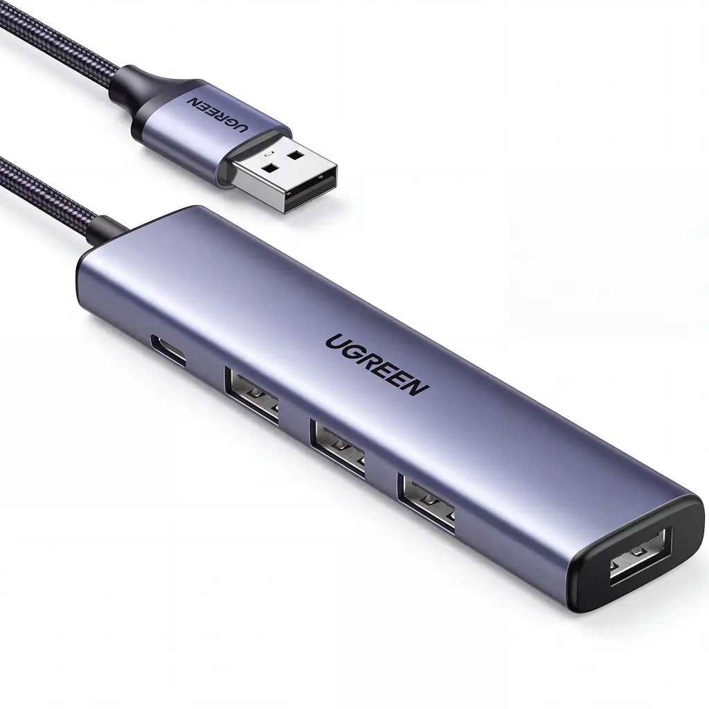 USB-хаб для розширення портів UGREEN CM473 USB-концентратор Штекер USB-A 3.0 для підключення до хоста та 4 вихідні порти USB-A 3.0 Передавання даних до 5 Гбіт/с Вхід USB-C лише для додаткового живлення 5 В 2 А Сумісний із Windows macOS і Linux Підключення та робота без драйверів LED-індикатор стану підключення Вбудований кабель 20 см космічний сірий (20805)