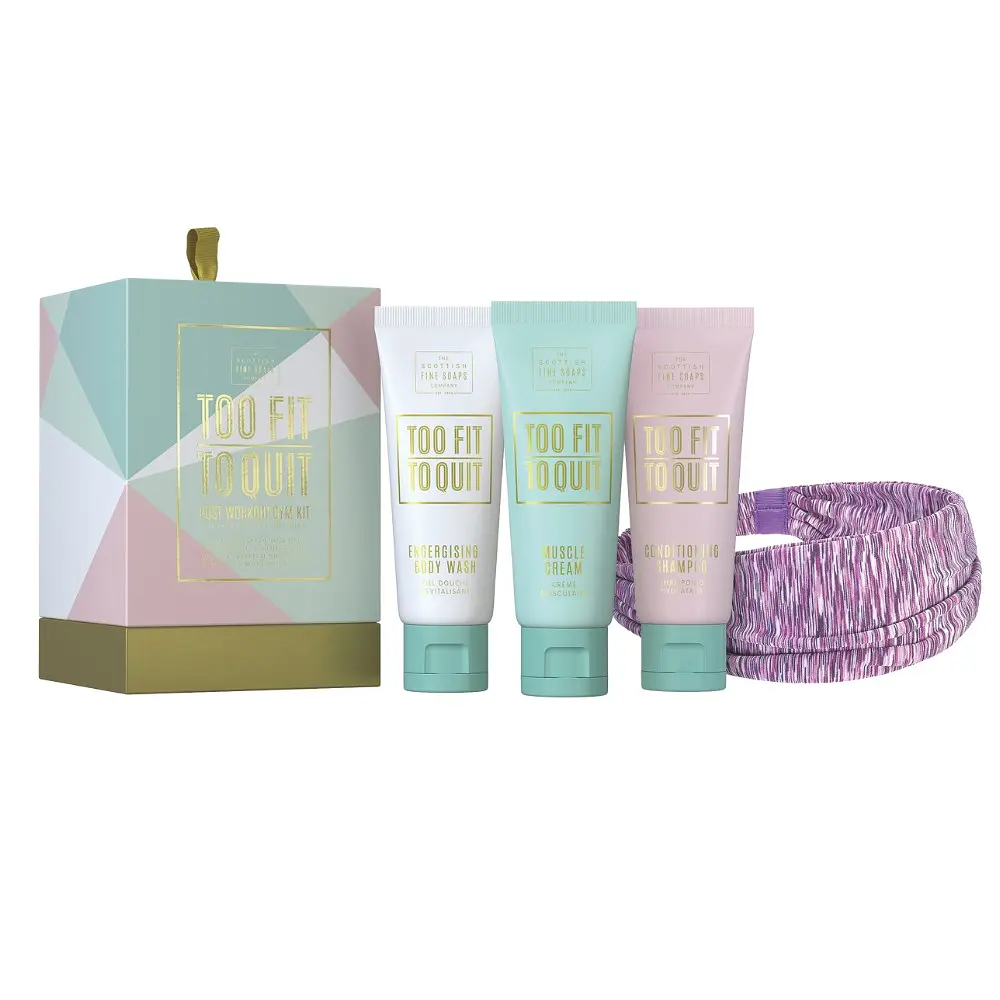 Подарочный набор Scottish Fine Soaps Too Fit to Quit: гель для душа 75 мл + шампунь-кондиционер 75 мл + крем для мышц 75 мл + повязка для волос (120090) - фото 1