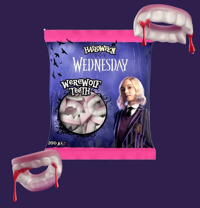 Жувальні цукерки Halloween Wednesday Werewolf Teeth Ікла Оборотня 200г - фото 2