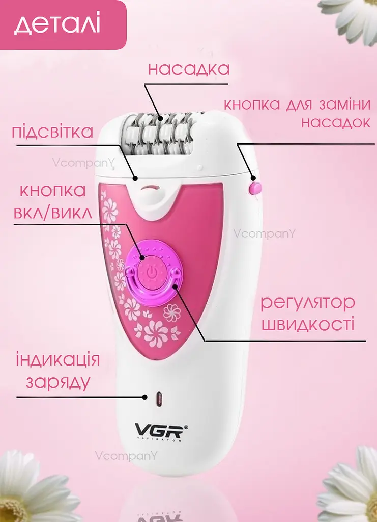 Эпилятор женский с 2 ​​насадками VGR, Бритва, беспроводной депилятор, влажная эпиляция с подсветкой, Розовый
 - фото 6