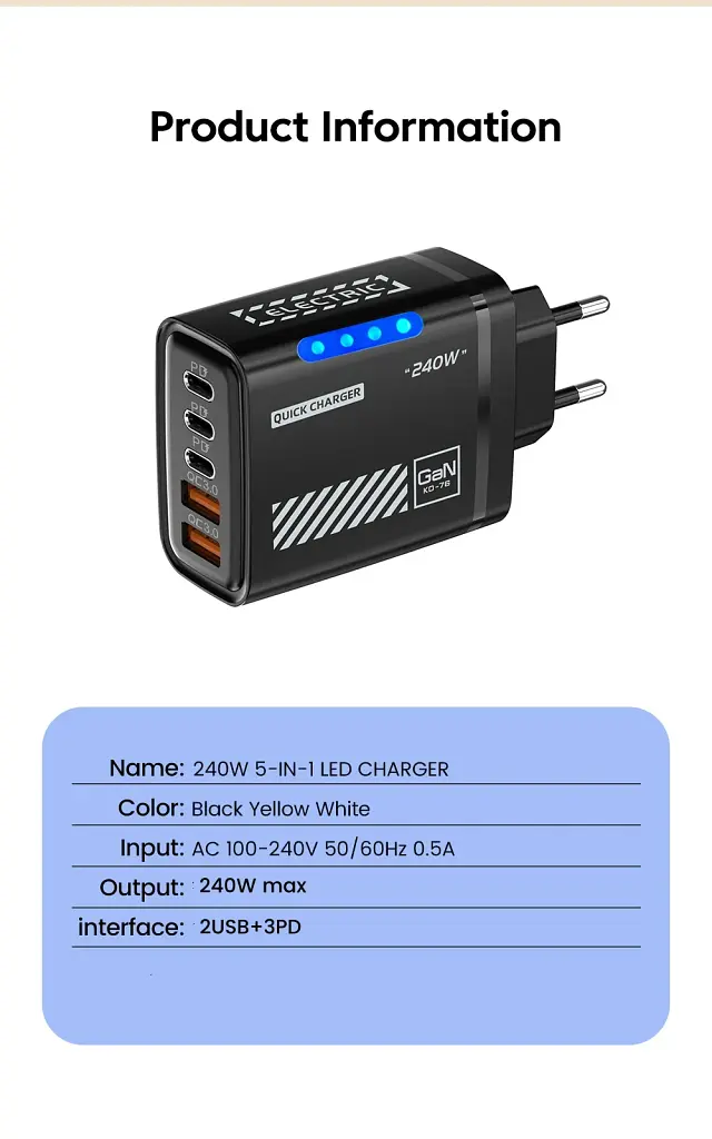 Зарядное устройство 240W (2×USB+3×Type-C, PD)  - фото 2