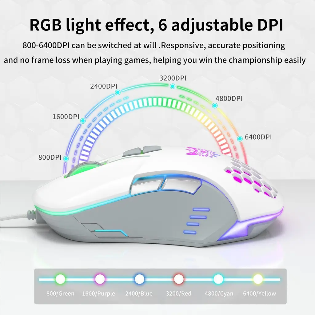 Компьютерная мышка Onikuma C12 для ПК и ноутбука ведущая USB с RGB подсветкой и 800-6400 DPI эргономичная Белый - фото 5