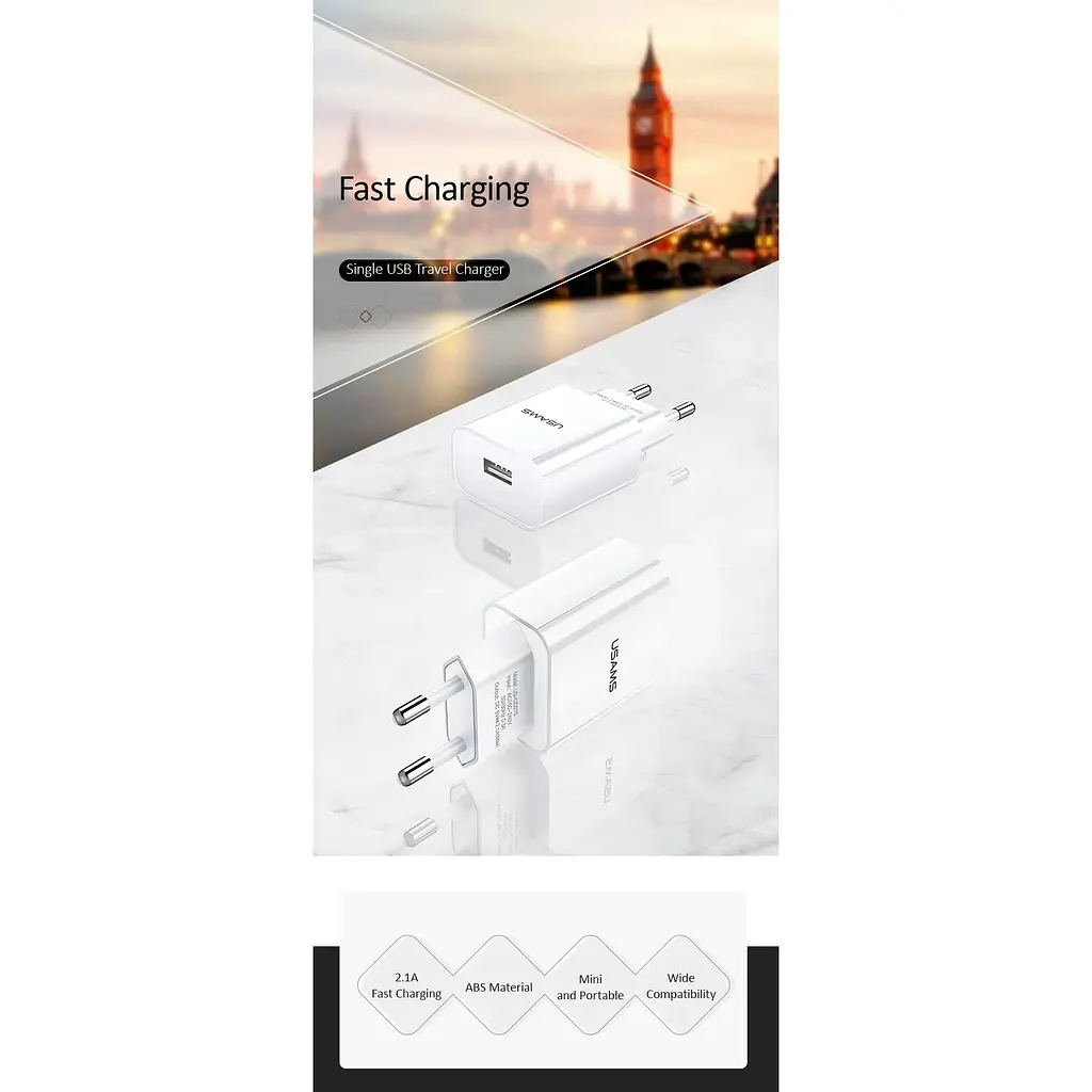 Зарядний пристрій Usams T21 Charger kit T18 Single USB 2.1A with Lightning Cable white - фото 2