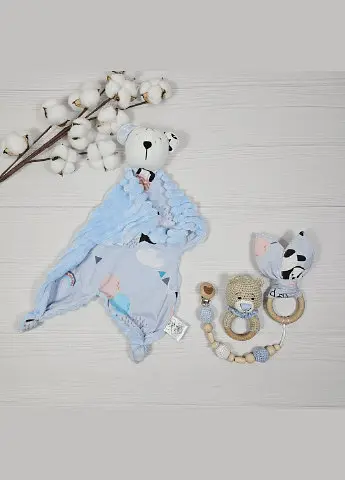 Набір іграшок: комфортер, брязкальце, гризунець, тримач a.l.babybox Панда на кульках