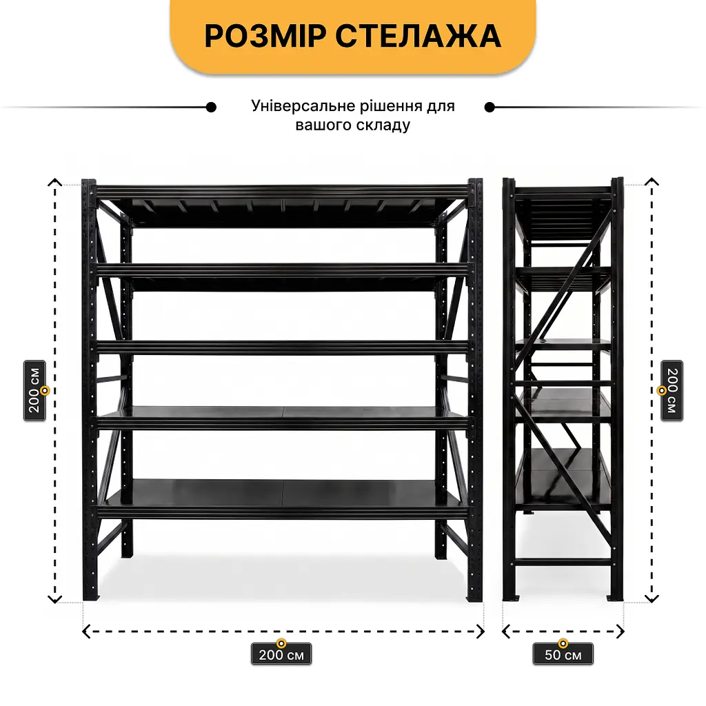 Металевий стелаж LEOBRO Premium Pro 200 х 200 х 50 см, 300кг/полиця, 5 полиць (LB-R131) - фото 2