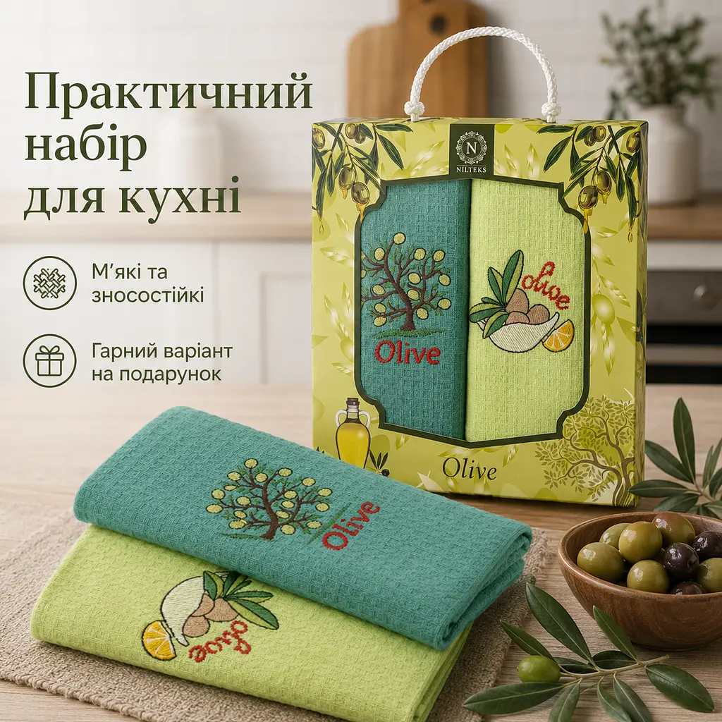 Набір вафельних рушників 2 шт 40x60 см Олива зелений/салат LoveYouHome - фото 2