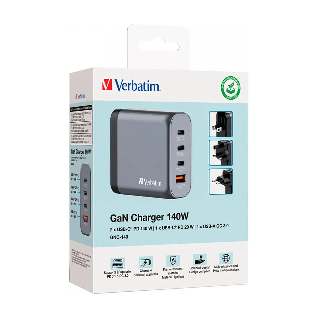 Зарядний пристрій Verbatim GaN 140 W 4 ports (2xUSB-C-140 W,USB-C 20 W /USB-A -3.0) (32203) - фото 7