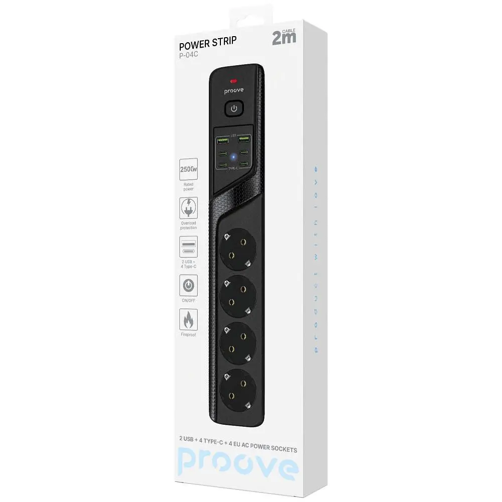 Мережевий фільтр Proove Power Strip P-04C (4 розетки + 2 USB + 4 Type-C) 2М black (PSPS25002421) - фото 2