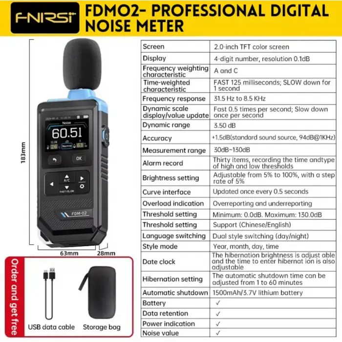 Шумомір, цифровий вимірювач рівня звуку FNIRSI FDM-02 - фото 4
