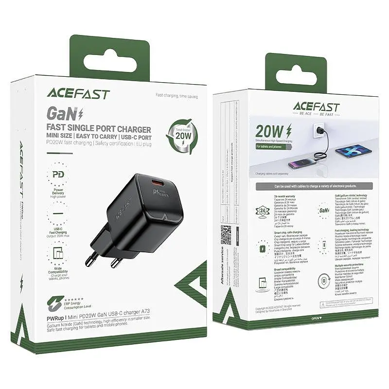 Сетевое зарядное устройство для Acefast A73 mini PD20W GaN USB-C charger черный - фото 2