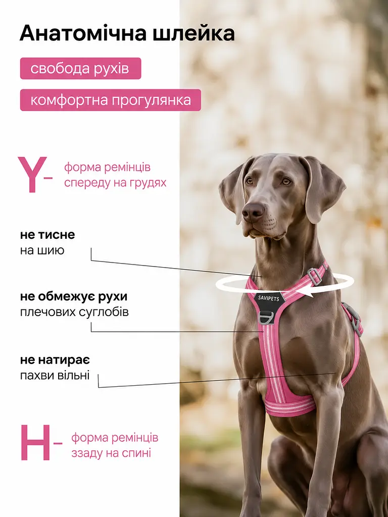 Шлея для собак Duomm No-Pull з повідцем, регульована та світловідбивна рожевий, S - фото 5
