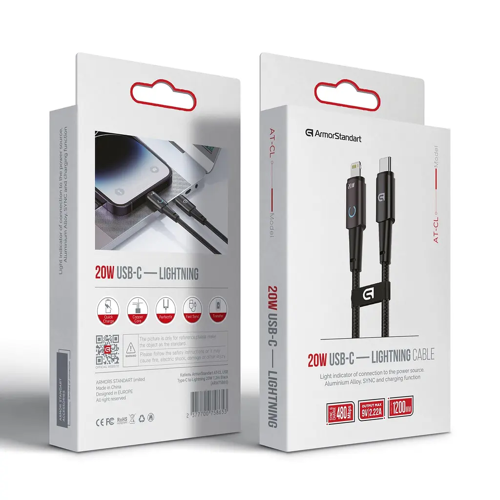 Кабель ArmorStandart AT-CL USB Type-C to Lightning 20W 1,2m Black (ARM75865) - фото 2