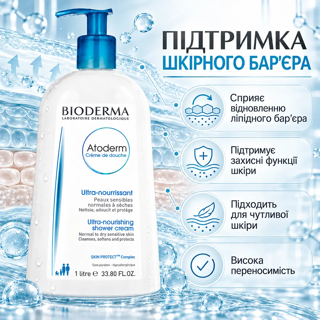 Крем-гель для душу BIODERMA Atoderm Ultra-Nourishing живильний зволожувальний засіб для сухої та чутливої шкіри 1 л - фото 3