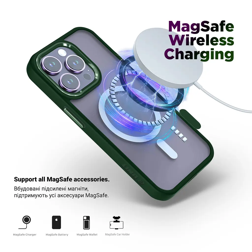 Чехол для Apple iPhone 13 Pro, Unit MagSafe, зеленый, прозрачный, магсейф, противоударный, магнитный, панель-накладка с поддержкой MagSafe, с поддержкой беспроводной зарядки, TPU+PC, защита всего корпуса, ударостойкий, ArmorStandart (ARM66941) - фото 3