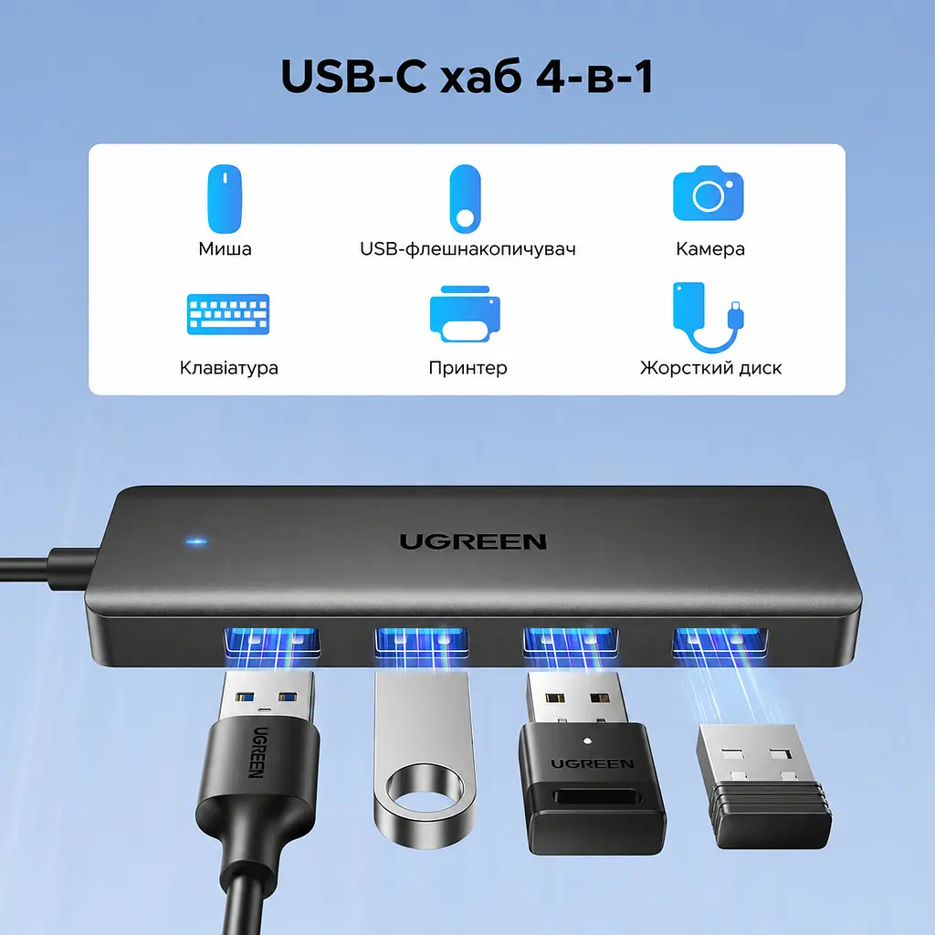 USB-хаб UGREEN CM219 USB-концентратор вхід USB-C та 4 виходи USB-A USB 3.2 Gen 1 теоретично до 5 Гбіт/с без драйверів у Windows macOS Linux з вбудованим кабелем 1 м чорний (75582) - фото 3