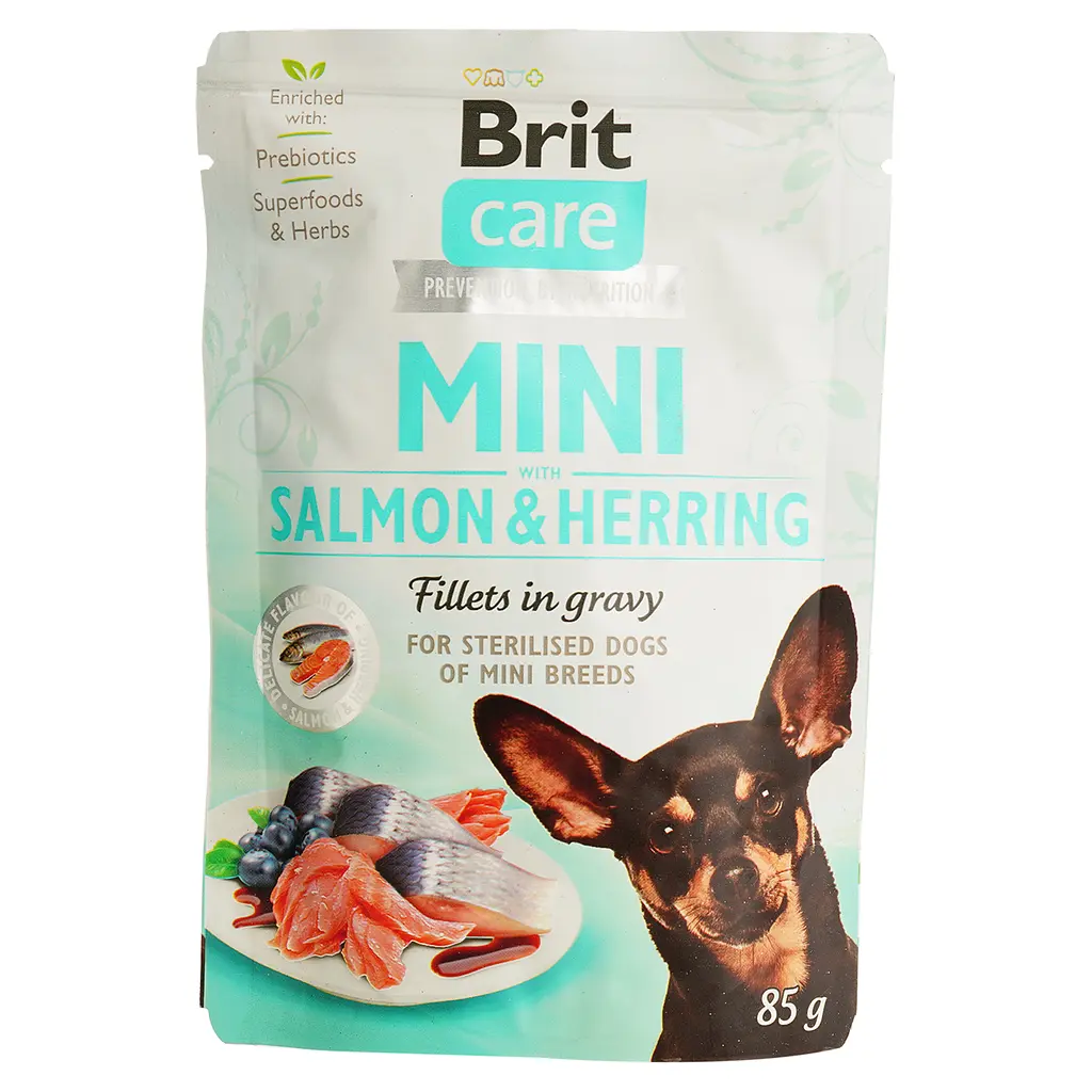 Беззерновий вологий корм для собак мініатюрних порід Brit Care Mini pouch лосось та оселедець в соусі 85 г - фото 1