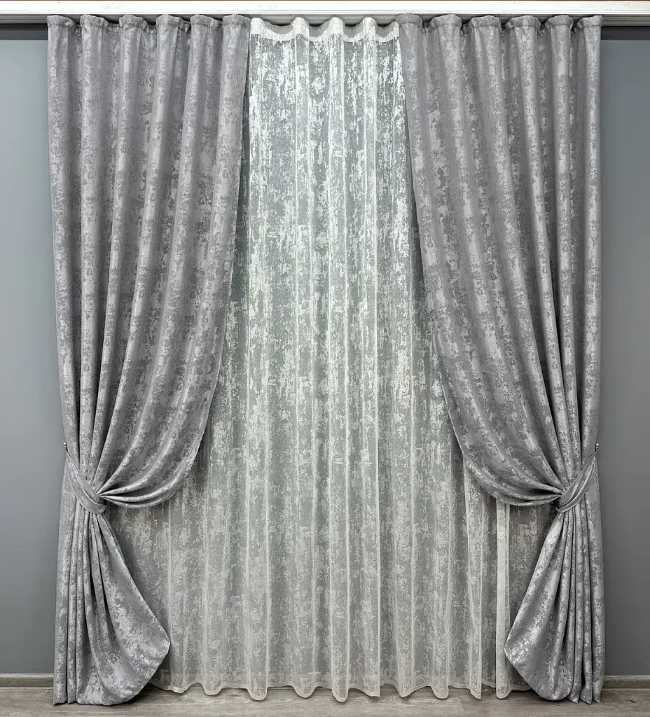 Комплект штор с тюлем VR-Textil Жаккард Мрамор, серый с белым, 2 шторы 100×270 см + тюль 300×270 см, арт. 71-001/1