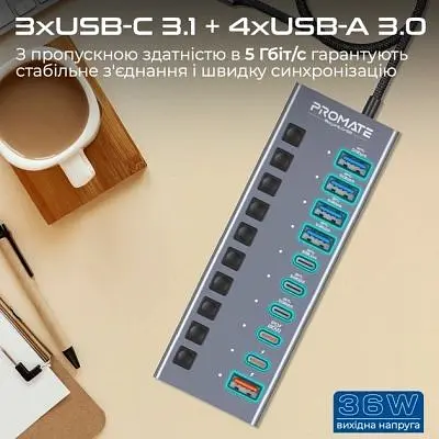 Концентратор Promate USB-C 10-in-1 5xUSB-C + 5xUSB gray (gegahub-5g) - фото 2