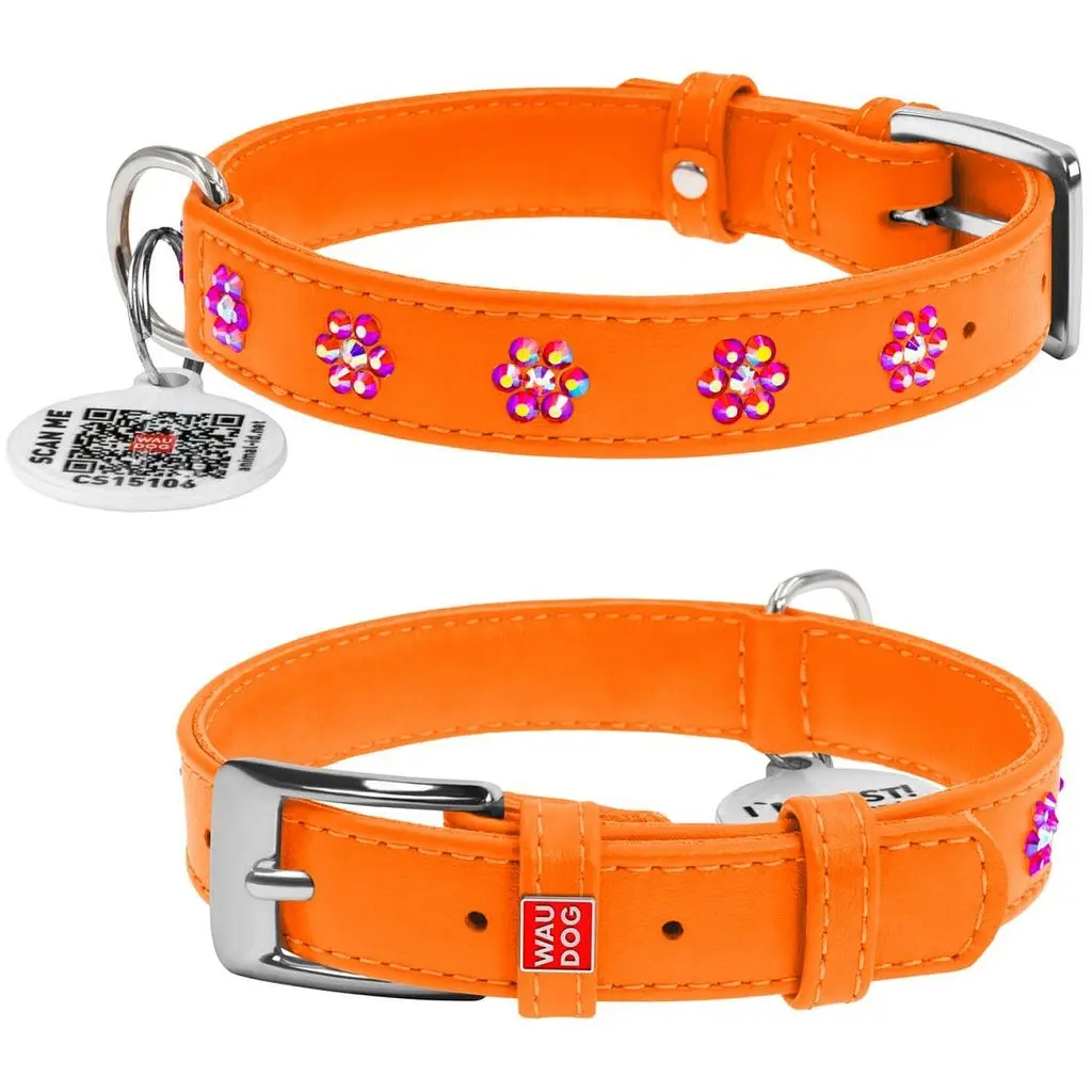 Ошейник для собак Waudog Glamour со стразами Цветочек, кожаный, с QR паспортом, М, 27-36х1,5 см, оранжевый - фото 3