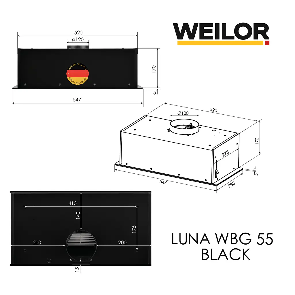 Витяжка повновбудована WEILOR LUNA WBG 55 BLACK - фото 15