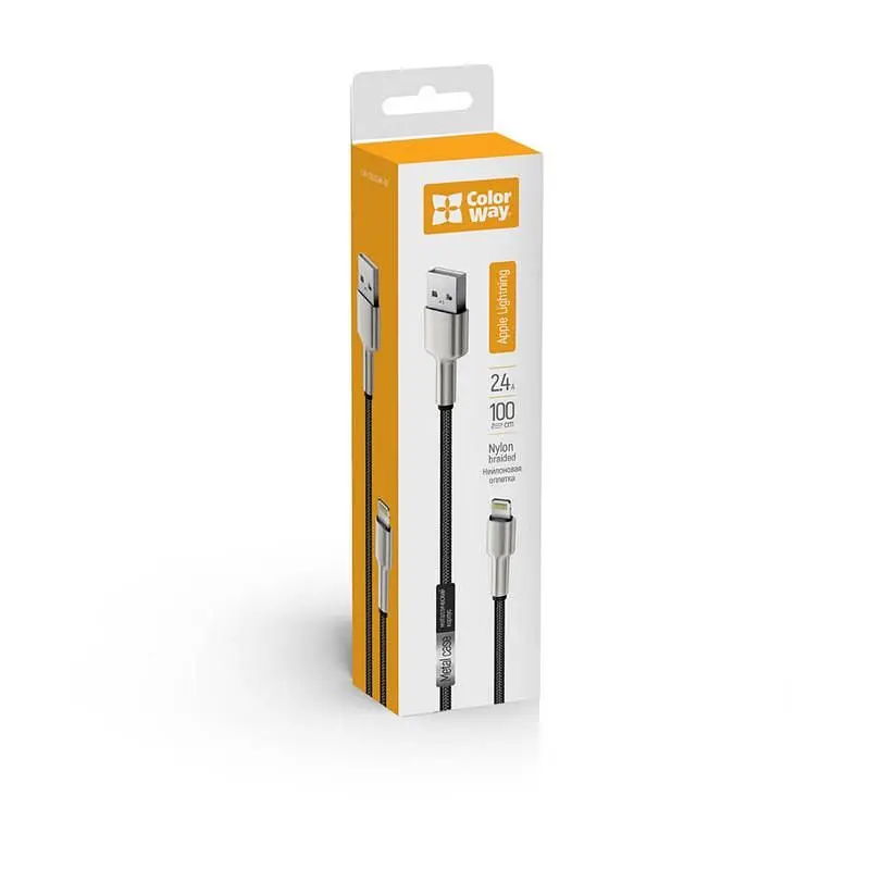 Кабель ColorWay USB - Lightning (M/M), metal head, 2.4 А, 1 м, Black (CW-CBUL046-BK) - фото 2