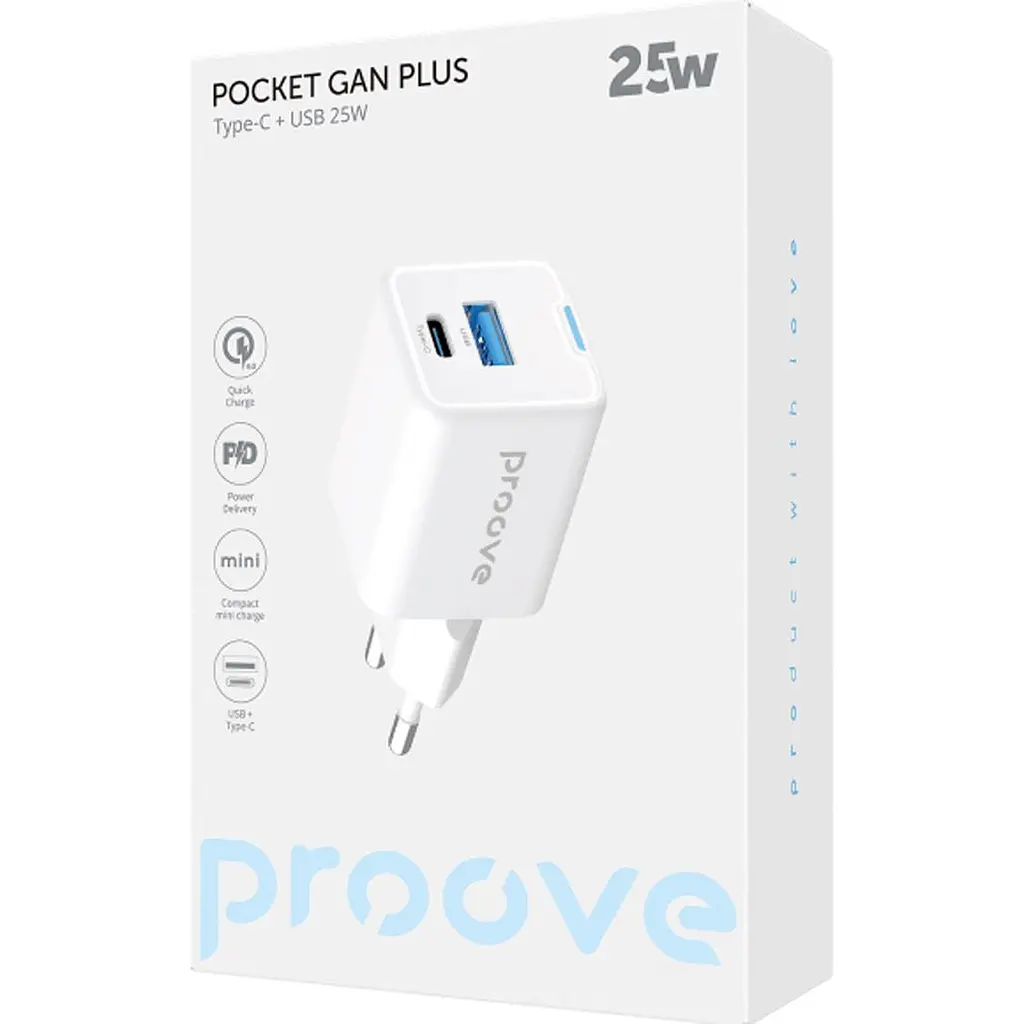 Сетевое зарядное устройство Proove Pocket GaN Plus 25W USB-C/USB-A White (WCPG25111202) [130263] - фото 2