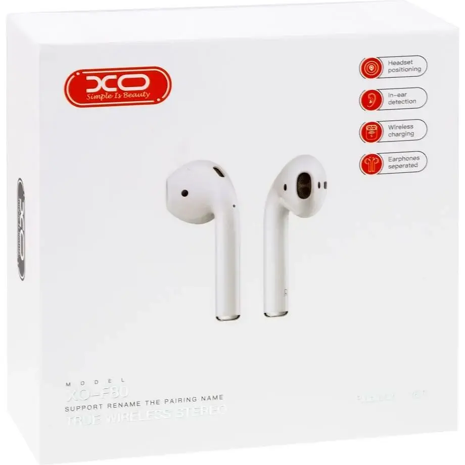 Стерео-гарнітура XO TWS F80 Lightning Bluetooth V5.0 350 mAh Біла - фото 2