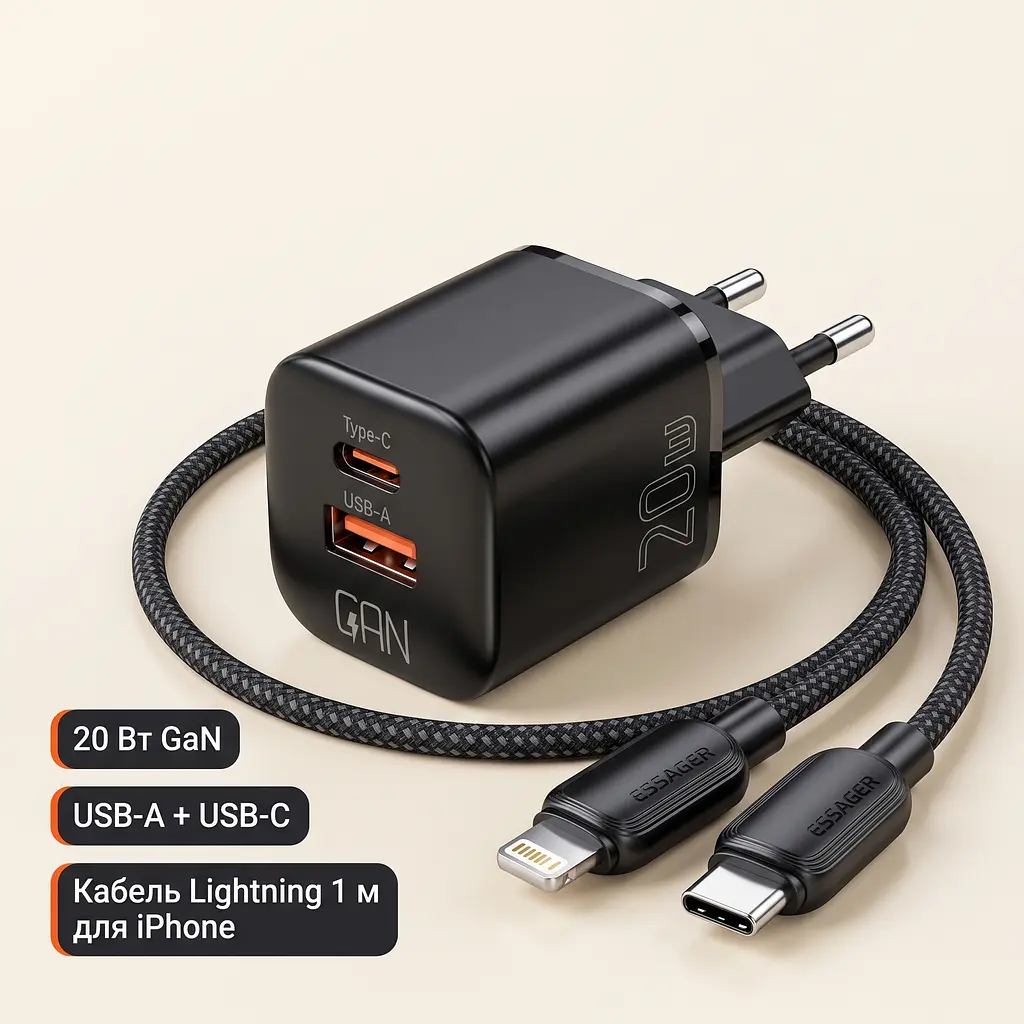 Швидка зарядка iPhone компактний GaN-блок 20 Вт на два порти та нейлоновий кабель USB-C — Lightning - фото 3
