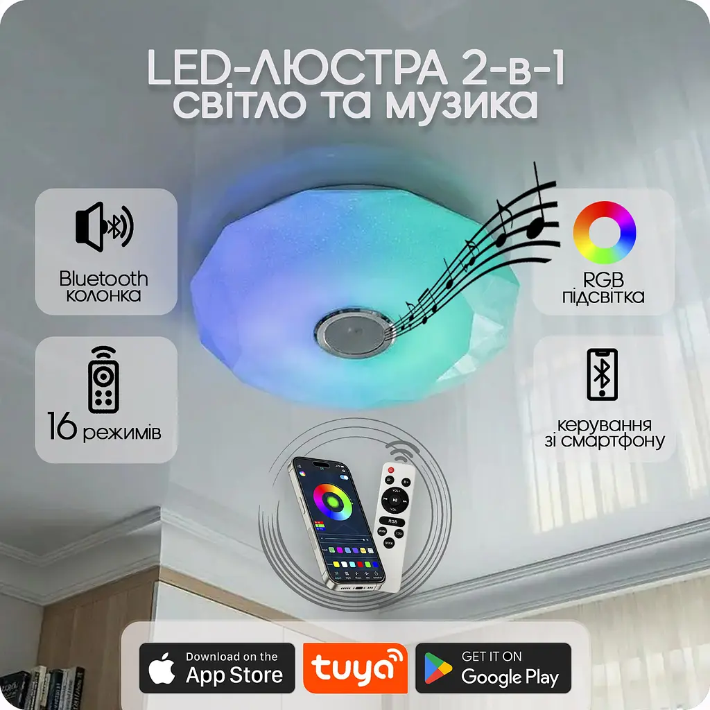 Люстра світлодіодна 517 Dlight RGB з пультом і колонкою 80Вт Білий (02157) - фото 2