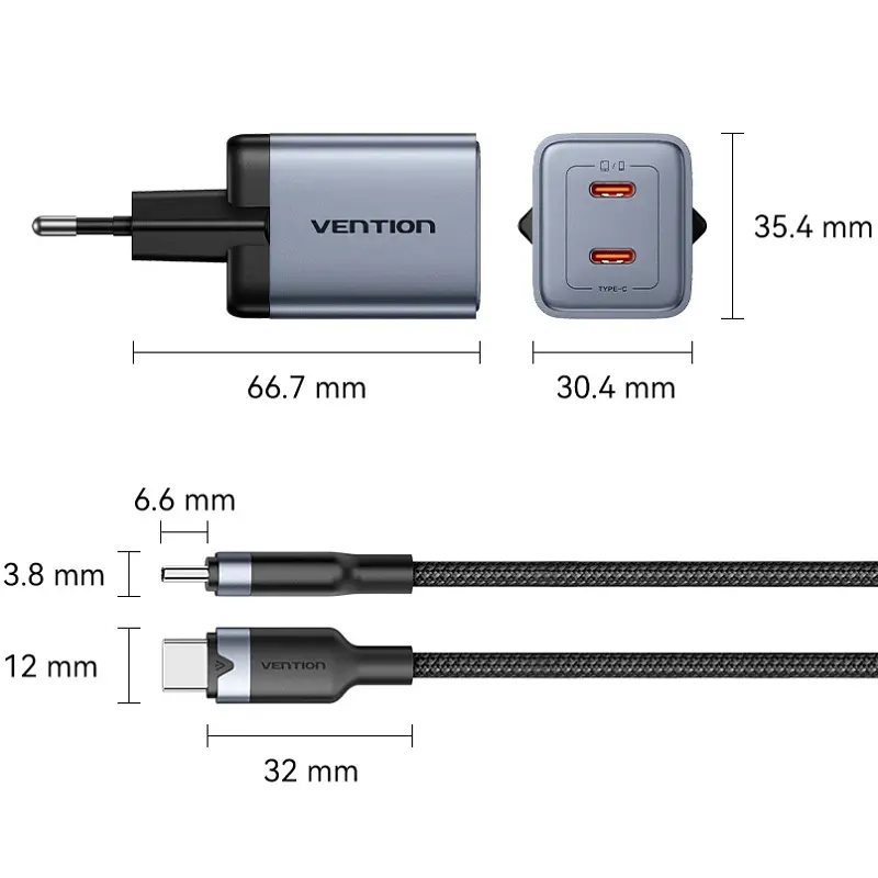 Зарядний пристрій 2xUSB-C 45W PD3.0/QC/GaN + USB-C cable М-М чорний Vention - фото 3