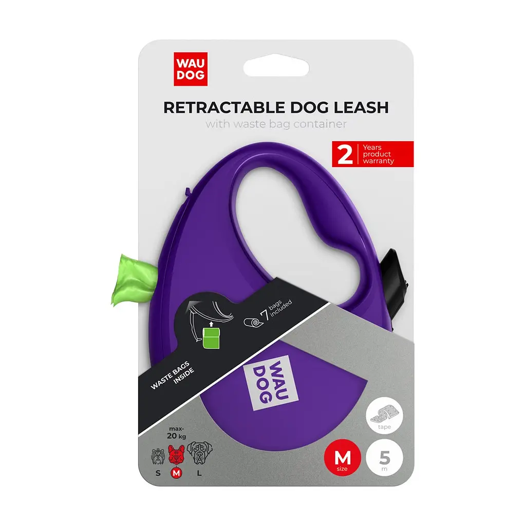 Повідець для собак WAUDOG R-leash з контейнером для пакетів M до 20 кг 5 м фіолетовий (26289) - фото 5