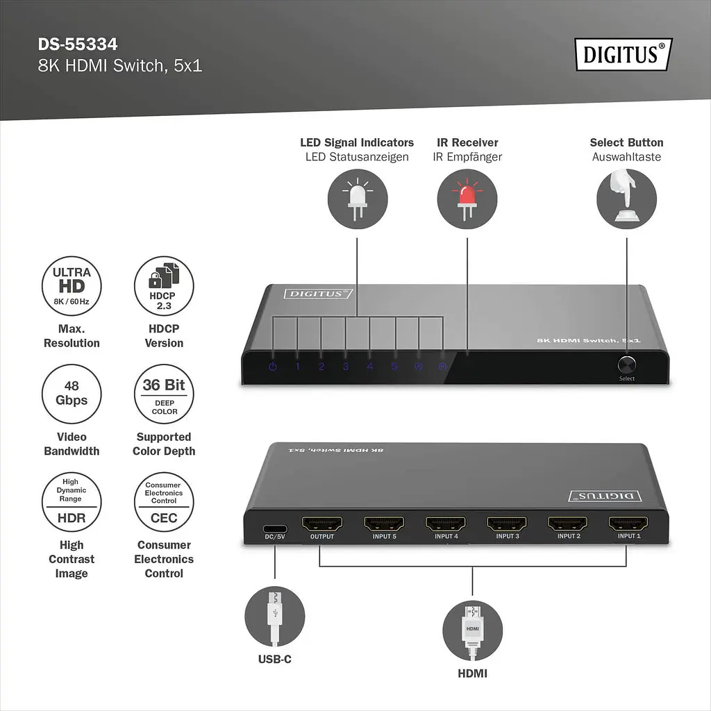 Відеокомутатор Digitus UHD HDMI (INx5 - OUTx1), 8K teh0025046 - фото 6