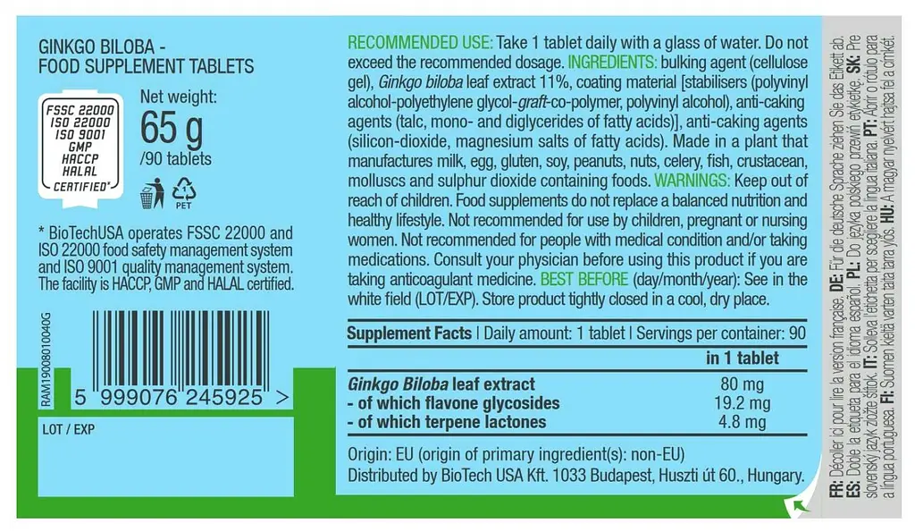 Гінкго-білоба BiotechUSA Ginkgo Biloba 90 таблеток - фото 2