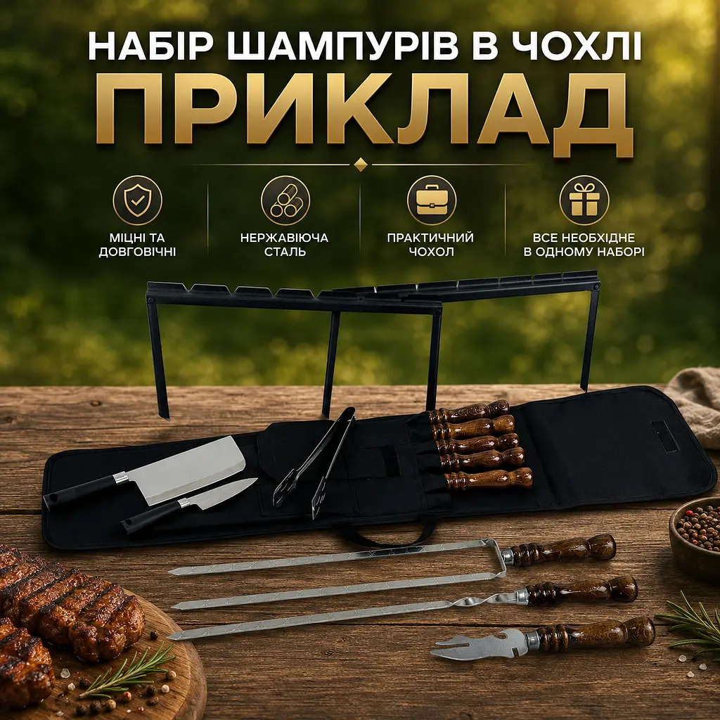 Набір шампурів з нержавіючої сталі у чохлі з аксесуарами та мангал рамкою "Приклад" - фото 2