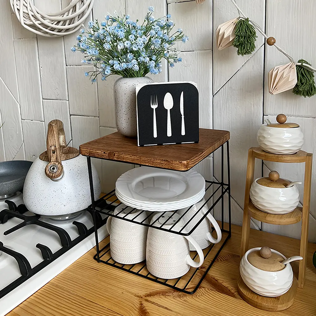 Підставка під тарілки Nice & Cozy Garret металева з дерев'яною основою чорна - фото 3