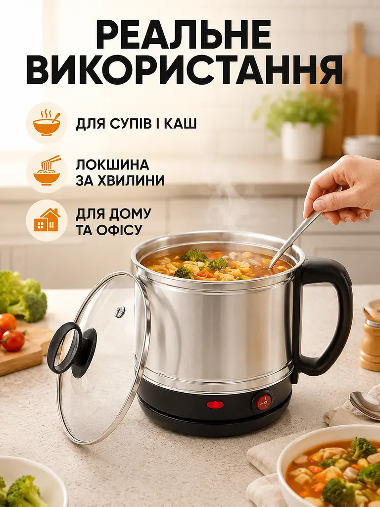 Міні-каструля електрична 1.5 л 600 Вт сріблясто-чорна (49676072) - фото 4