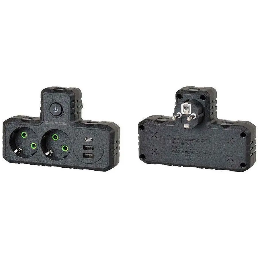 Розетка-измельчение с заземлением Voltronic F-303 Black, 2 розетки + 3 USB(1 А) + Type-C, 2500 W, 10A, 220V - фото 3