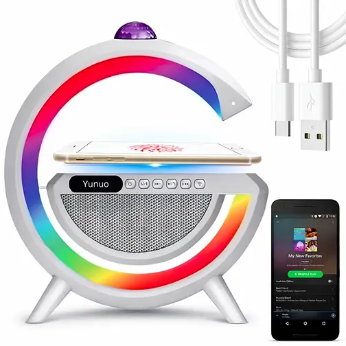 Лампа-нічник з бездротовою зарядкою YN-2366 дискокуля розумний RGB світильник музична колонка 15Вт Білий - фото 2