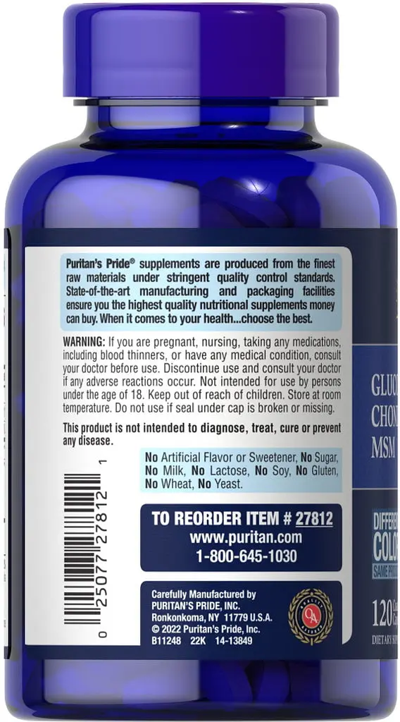 Препарат для суставов и связок Puritan's Pride Chondroitin Glucosamine MSM 3 Per Day Formula, 120 каплет - фото 3