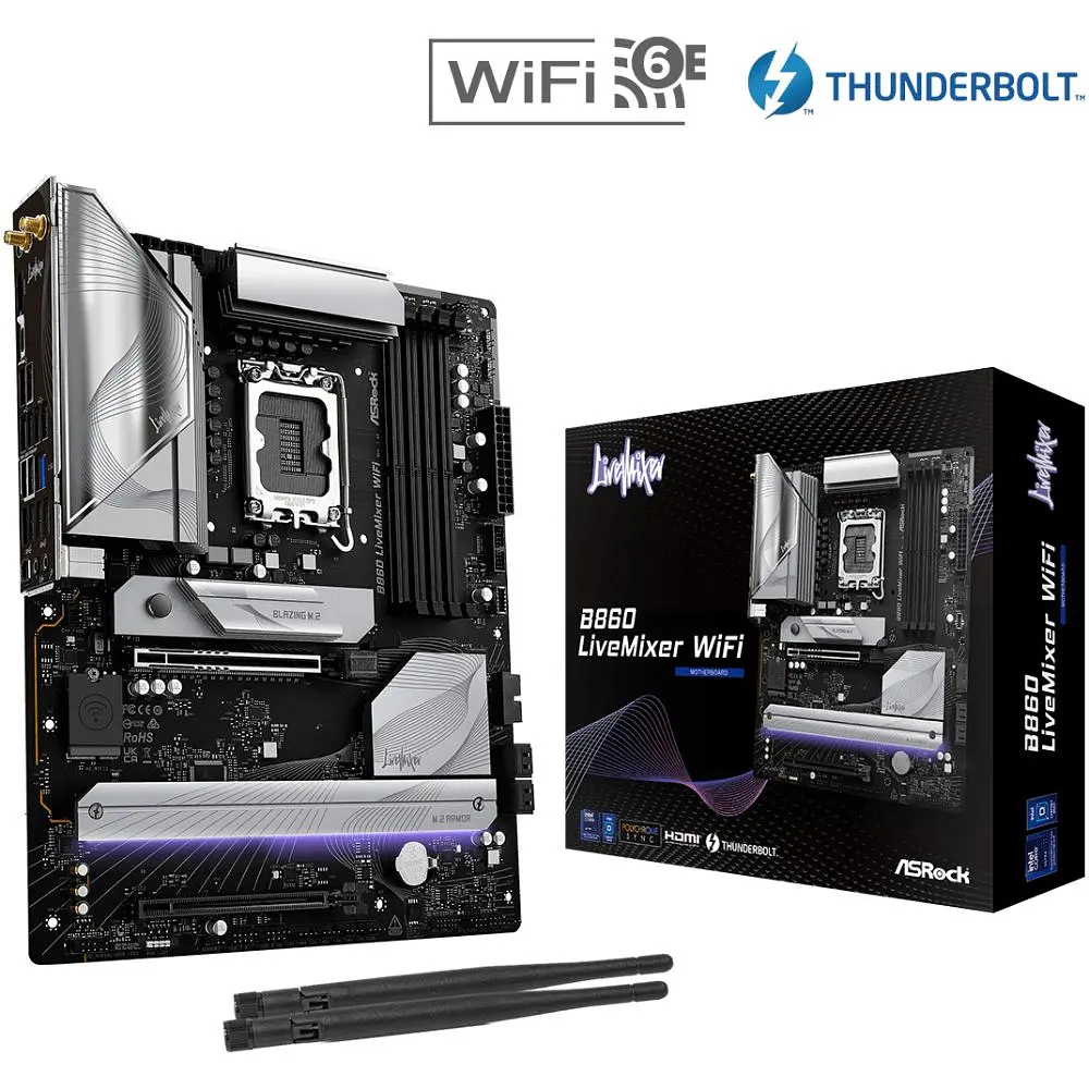 Материнская плата AsRock B860 LiveMixer WiFi (1851/B860, 4*DDR5, 2*PCIex16, HDMI/TB4, 4xSATA, 3xM.2, 2.5Glan, 7.1ch, A (B860 LiveMixer WiFi) - фото 2