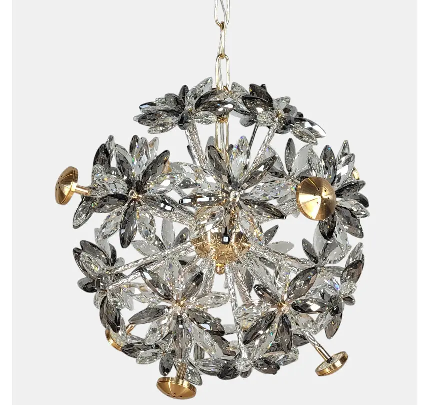 Декоративна підвісна люстра-сфера Artlight 25007-500GD золота на 12 ламп G4 з прозорими та графітовими скляними квітами - фото 3