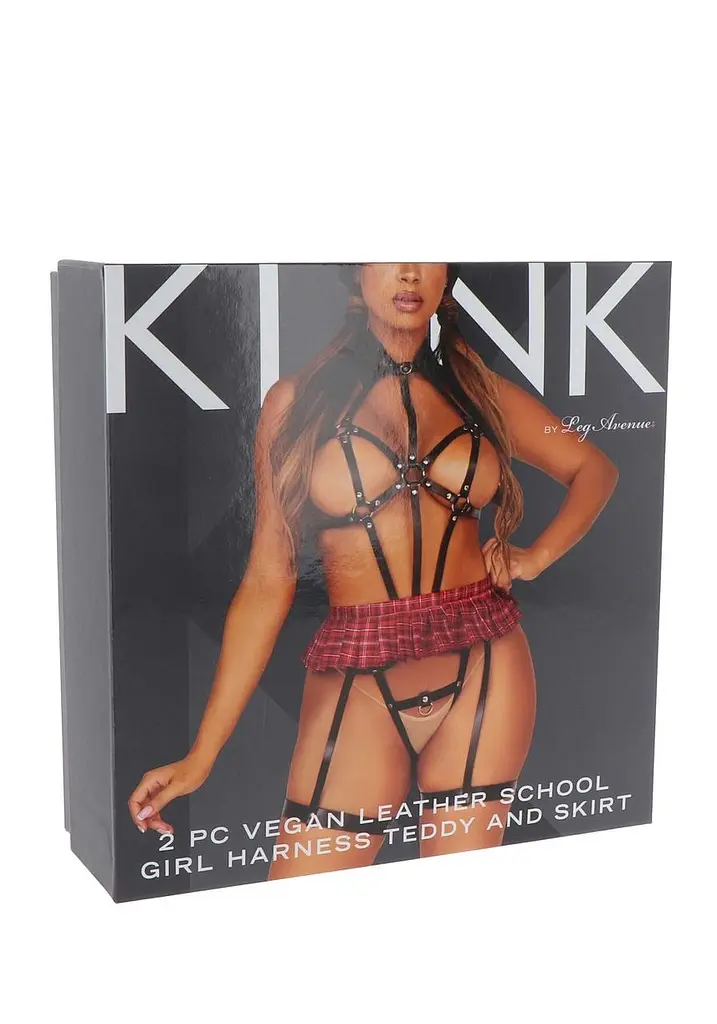 BDSM-костюм ученицы Leg Avenue Harness teddy & skirt S Black, портупея, мини-юбка, экокожа - фото 5