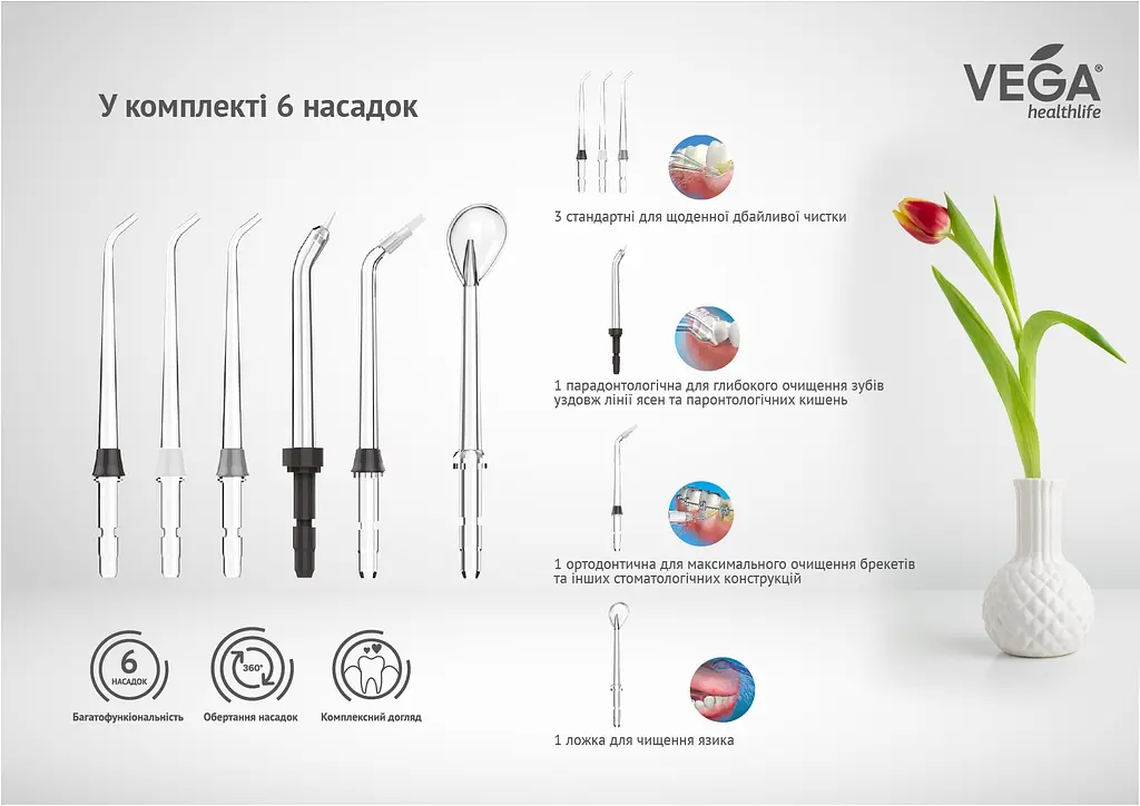 Комплект насадок Vega универсальный для портативных и стационарных ирригаторов (VT-40) - фото 2