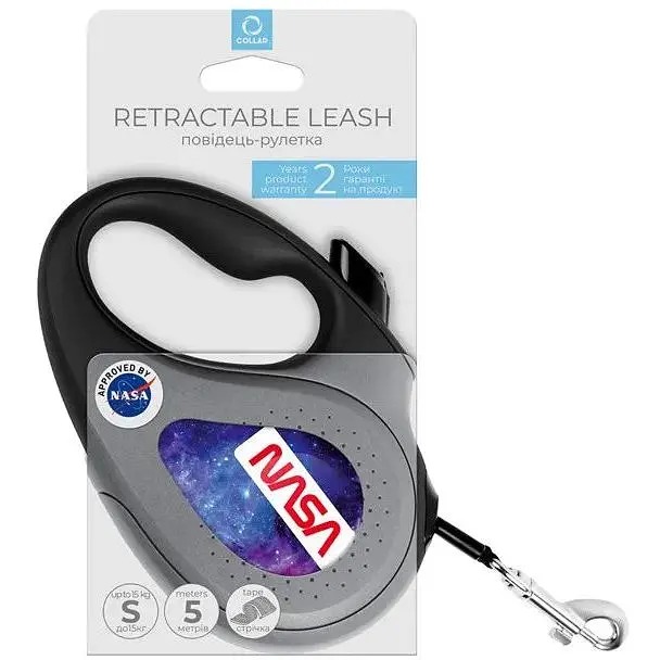 Повідець-рулетка для собак Waudog R-leash, малюнок "NASA21", S, до 15 кг, 5 м, світловідбиваюча стрічка чорний - фото 5