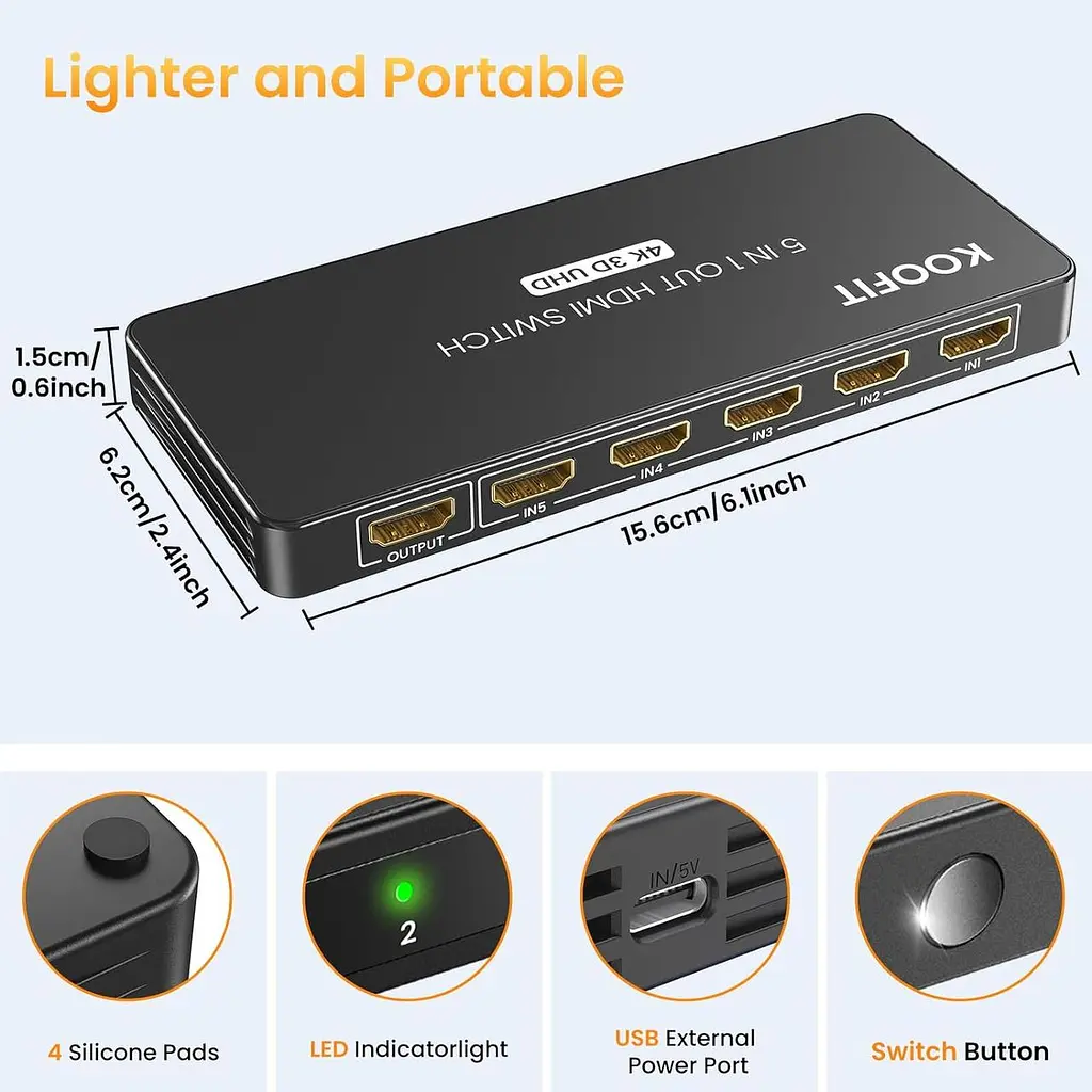 HDMI-перемикач 5 In 1 Out, HDMI Splitter 4K підтримує 4K 3D UHD - фото 2