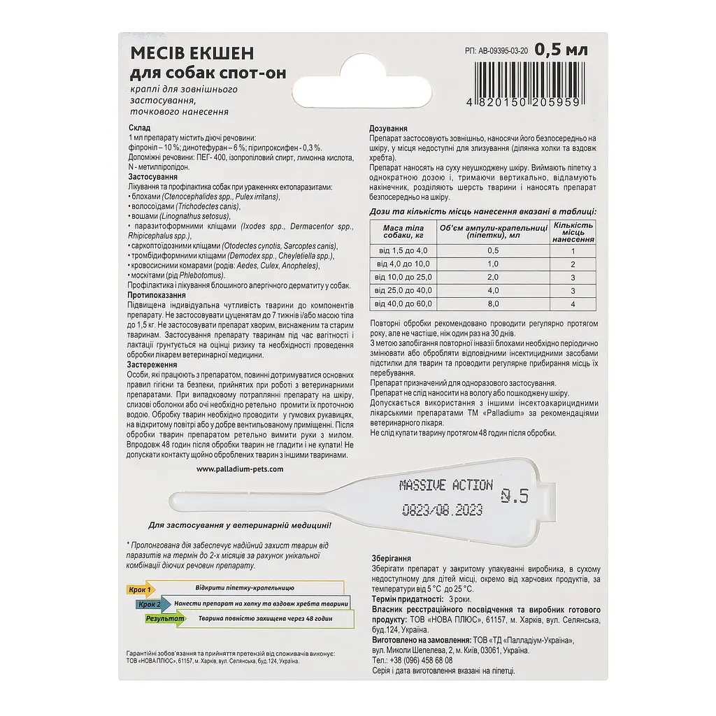 Краплі Palladium Massive Action від бліх і кліщів для собак 1.5-4 кг 0.5 мл - фото 2